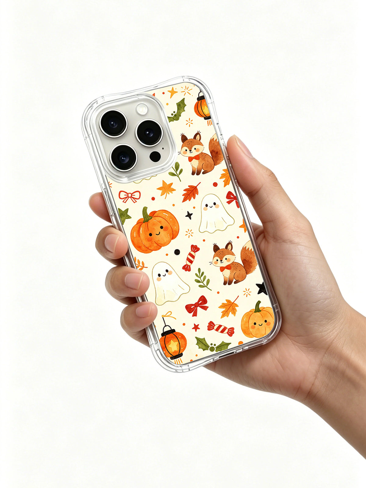 Happy Halloween Forest Friends iPhone 14 Pro case held in hand