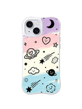 Smiling Cosmic Friends: A smiling planet and heart mix with moons, stars and clouds on lavender, pink and blue bands.