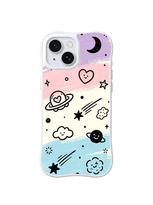 Smiling Cosmic Friends: A smiling planet and heart mix with moons, stars and clouds on lavender, pink and blue bands.