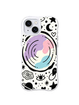 Lavender Orbit Portal: A large pastel circular portal is surrounded by black planets, moons, stars and an eye motif.