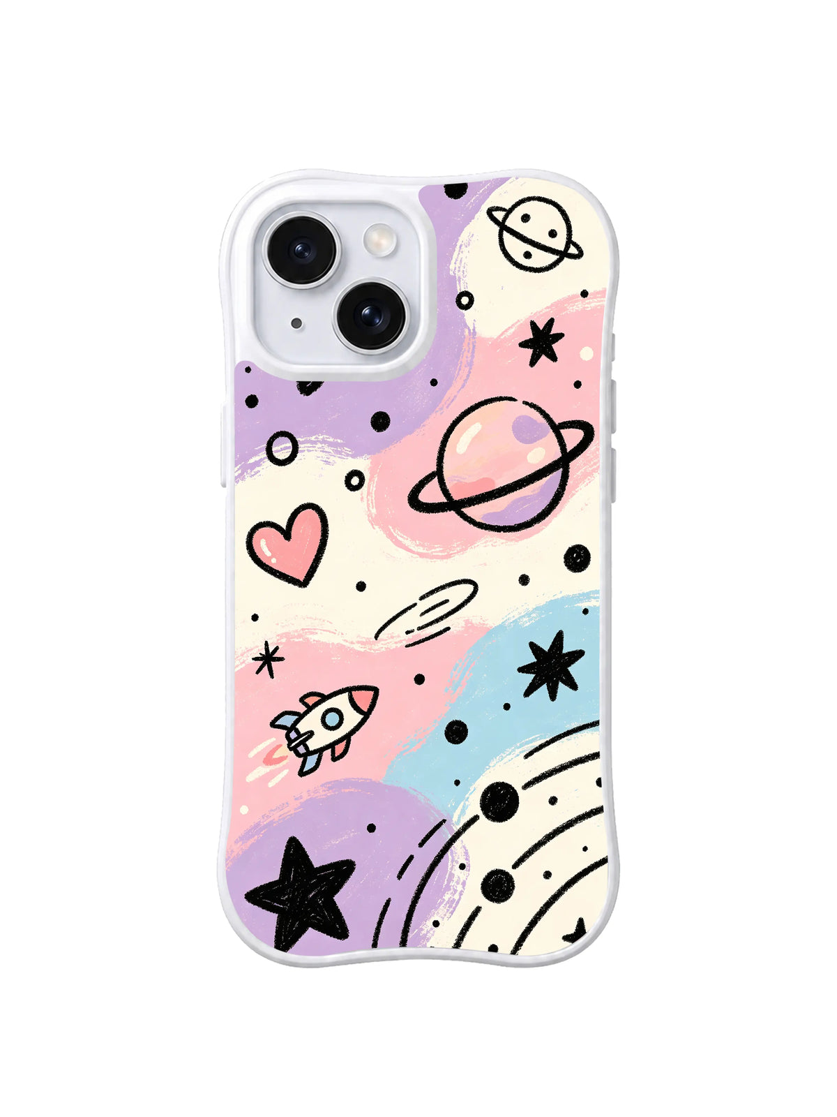 Pastel Rocket Adventure: A small rocket and ringed planet fly among hearts, stars and orbit lines on pastel bands.