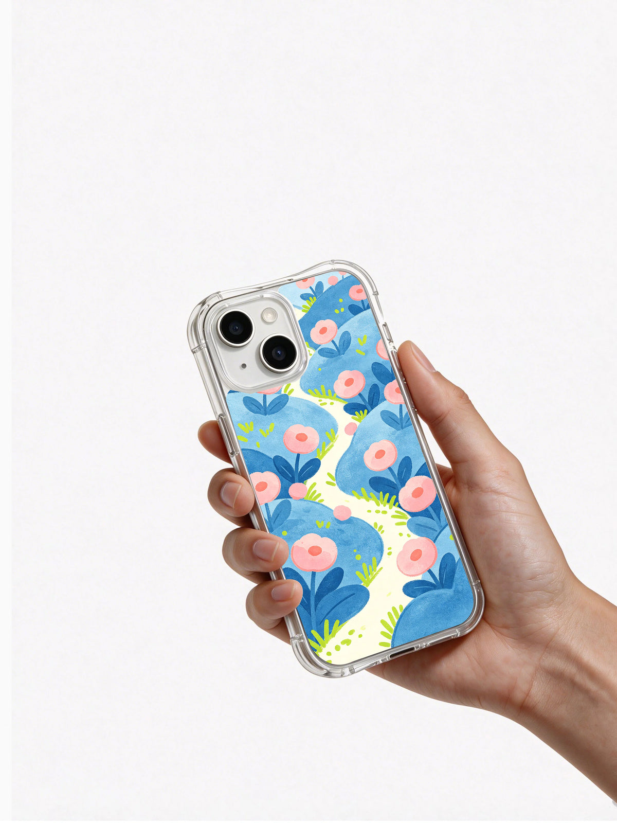 Happy Meadow Friends iPhone 14 case hand view
