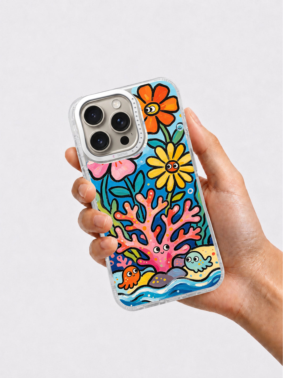 Bright coral flower phone case held in hand