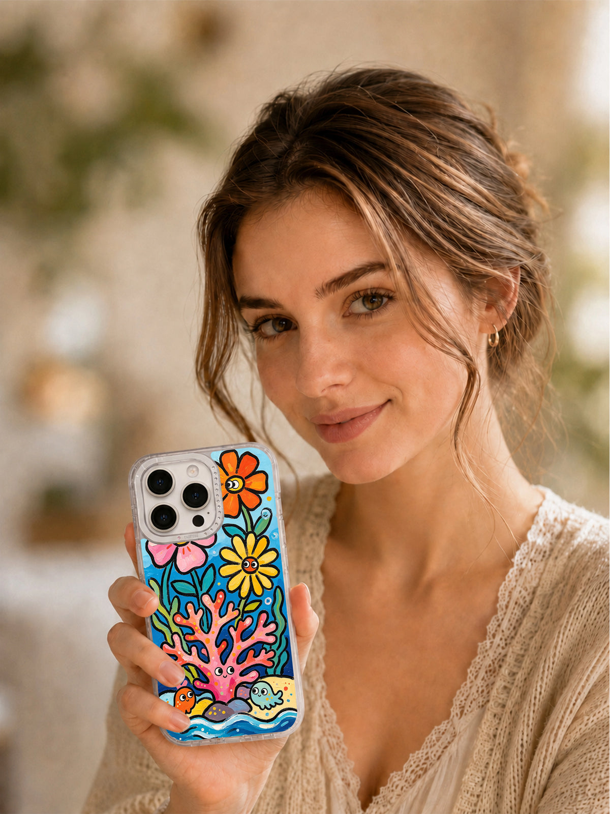 Happy ocean garden iPhone case lifestyle portrait