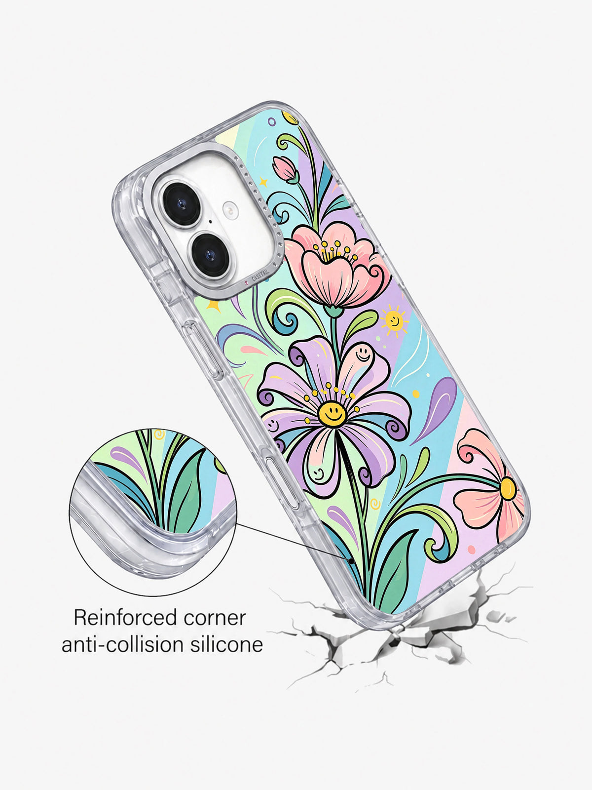 Happy Petal Parade iPhone 17 case angled view