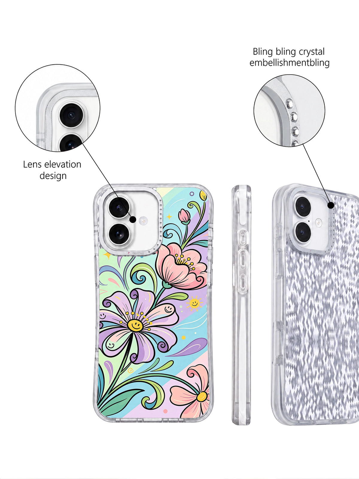 Rhinestone camera frame happy floral iPhone 17 case detail