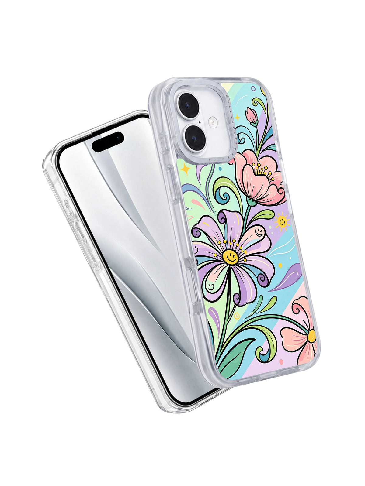 Cute pastel flower iPhone 17 case front and back view