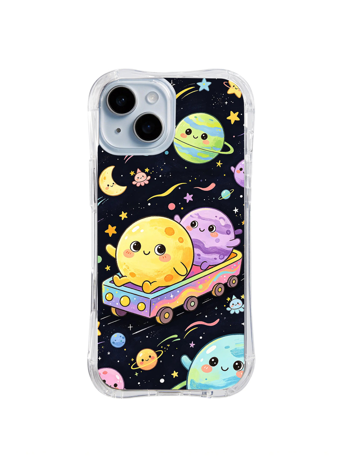 Cosmic Joy Ride: Gülümseyen sarı gezegen pastel gezegenler ve yıldızların arasında renkli bir uzay aracına biner.