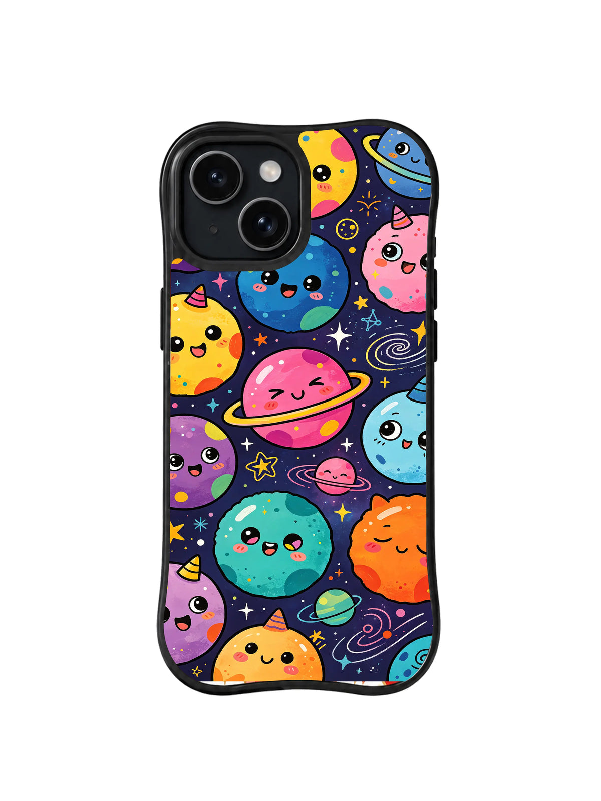 Starlit Planet Friends: Gülümseyen sarı, mavi, pembe, turkuaz ve turuncu gezegenler lacivert zeminde halkalar ve yıldızlar arasında süzülür.