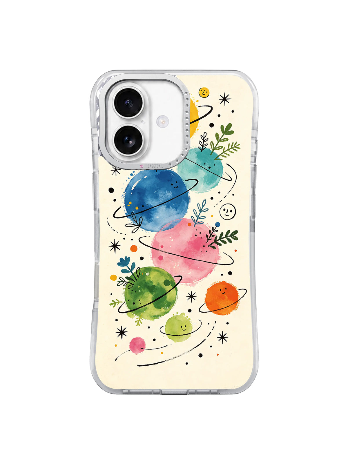 Smiling Watercolor Orbits art on iPhone 16 Pro case