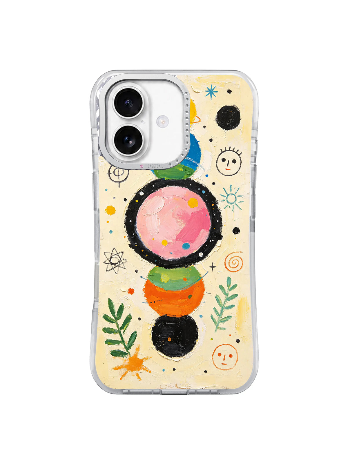 Stacked Joy Worlds colorful planet art on iPhone 16 Pro case