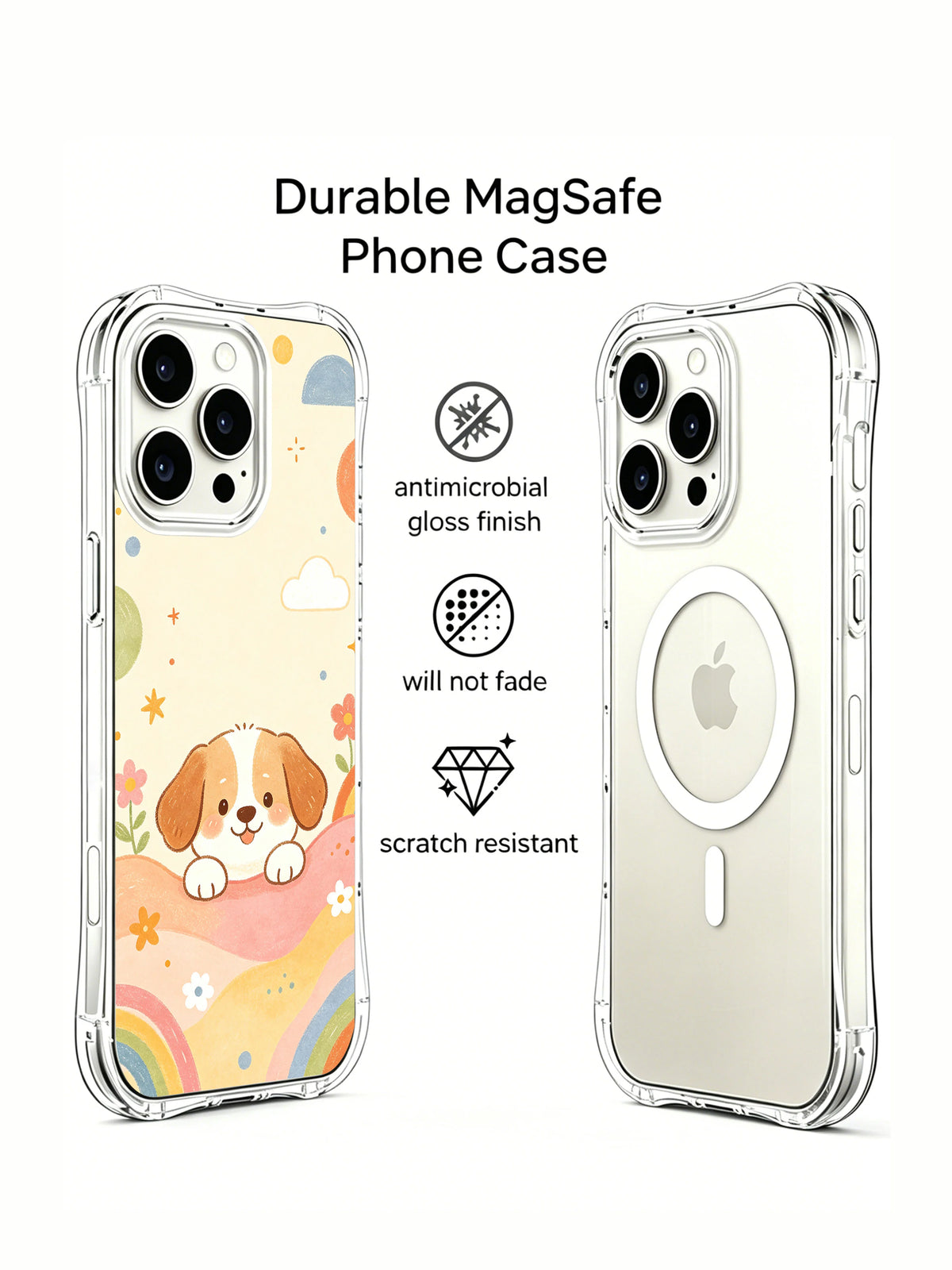 Happy Rainbow Puppy iPhone 14 Pro case detail