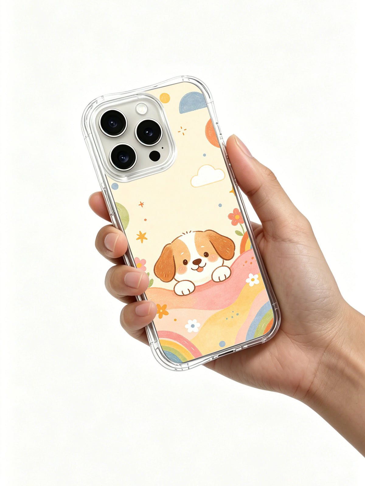Happy Rainbow Puppy iPhone 14 Pro case packaging