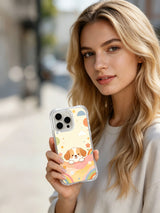 Happy Rainbow Puppy iPhone 14 Pro case in hand