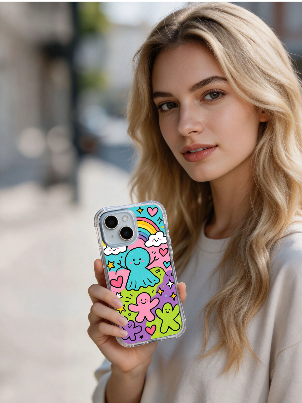 Model holding Happy Rainbow Soul iPhone 14 case