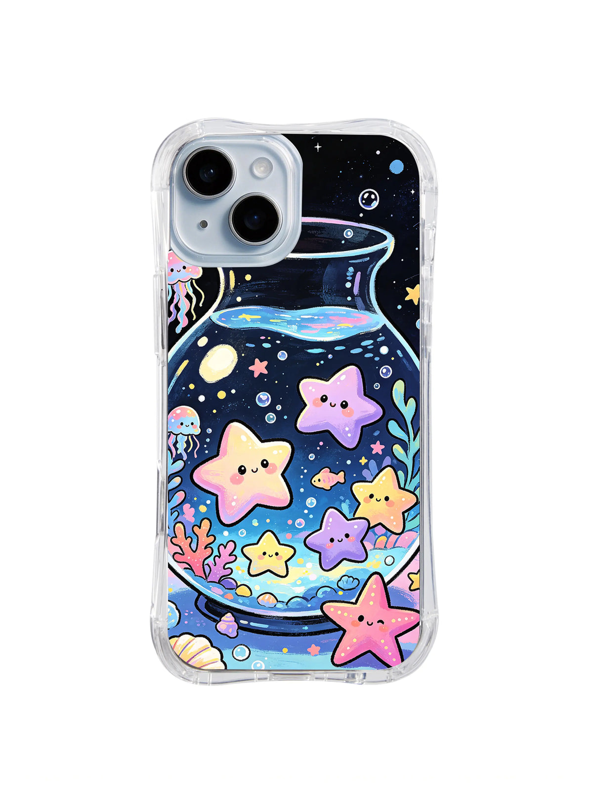 Cosmic Flask Aquarium: Pastel star friends float inside a large glass flask with coral, bubbles and tiny sea creatures.