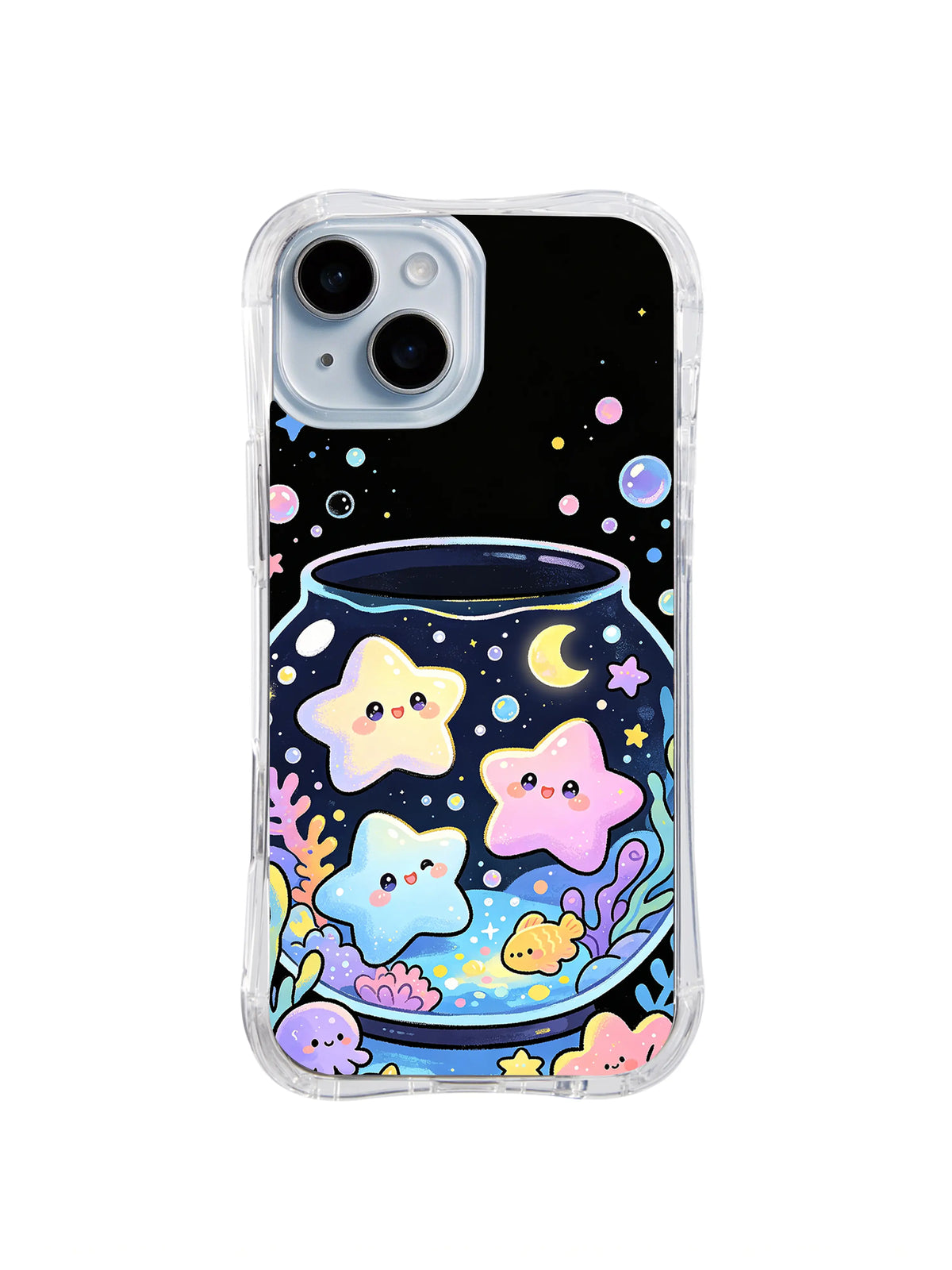 Star Friends Fishbowl: Three smiling pastel stars share a fishbowl with a crescent moon, coral and bubbles.