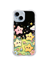 Star Flower Meadow Friends: Gülümseyen pembe, sarı ve krem yıldız dostlar pastel çayır çiçeklerinin arasında durur.