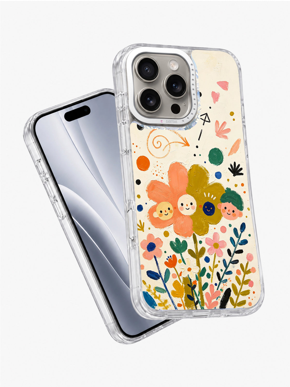 Colorful smiling flower art iPhone 16 Pro case side view