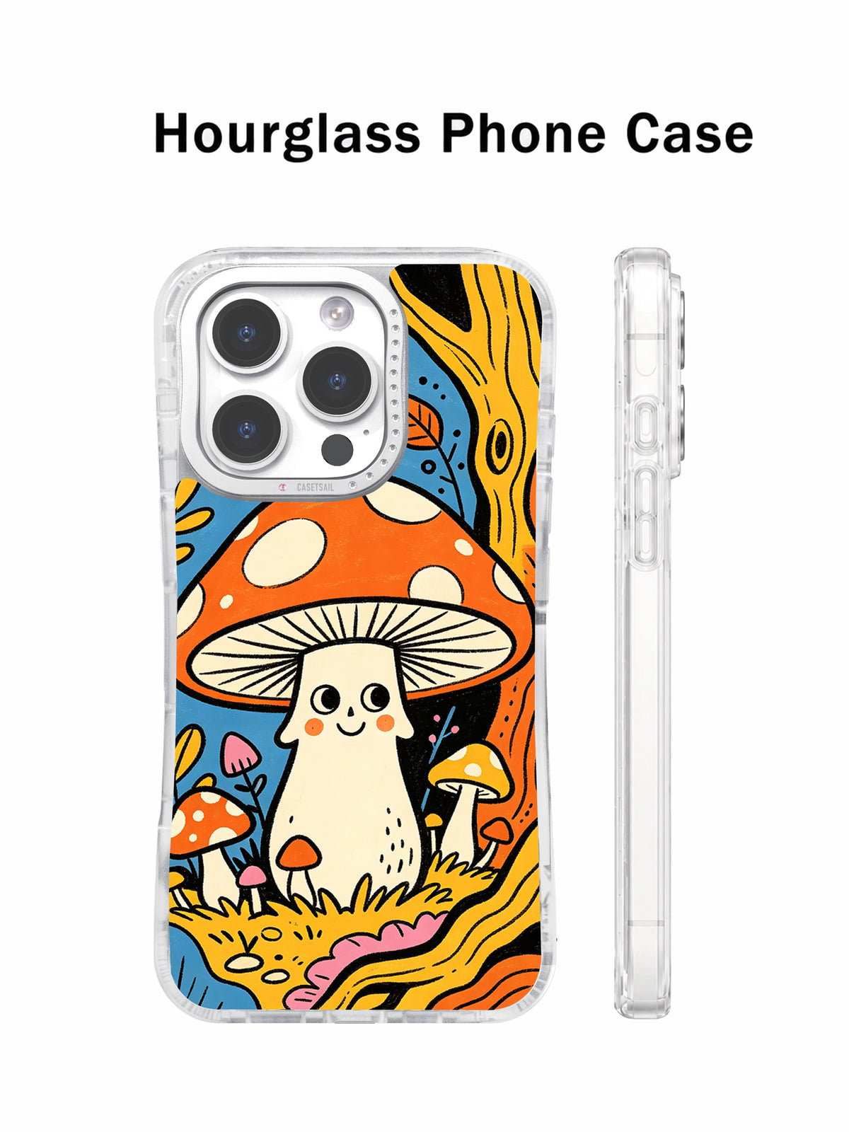 Cute orange mushroom phone case front and side profile