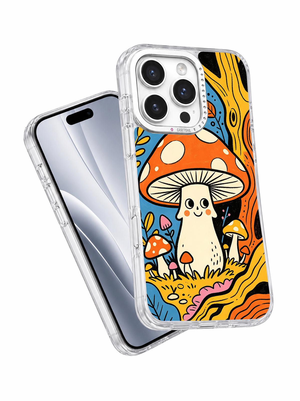 Whimsical forest mushroom iPhone case angled view