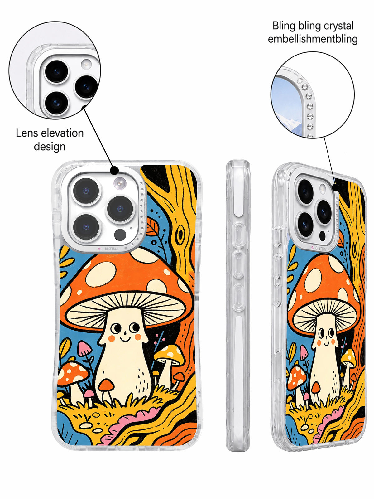 Crystal camera frame detail on colorful mushroom case