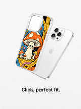 Clear mushroom art case beside iPhone 15 Pro Max