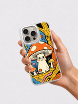 Colorful mushroom illustration phone case held in hand