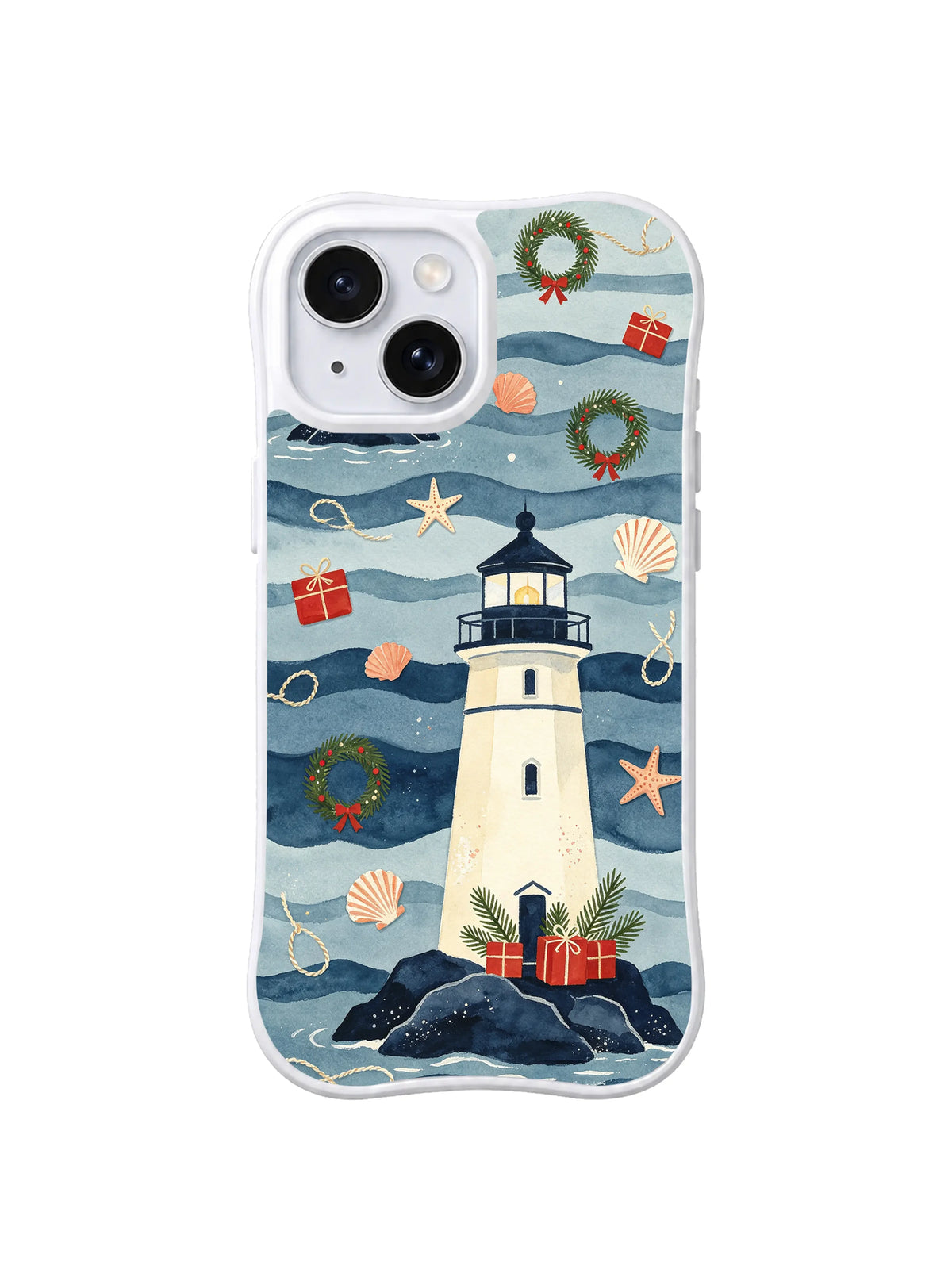 Harbor Christmas iPhone 15 case with large lighthouse, pine and coral starfish – pattern 5