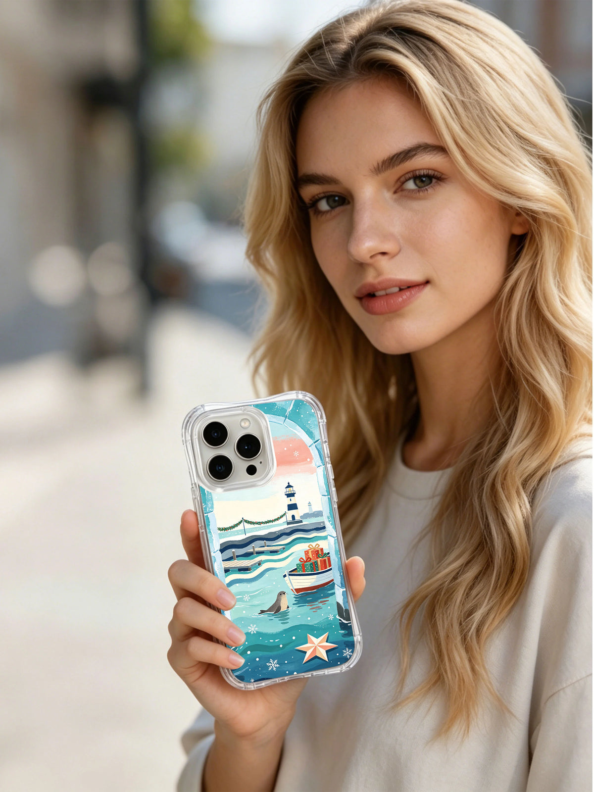 Lifestyle view of the clear-edge Harbor Seal Noel iPhone 15 Pro case
