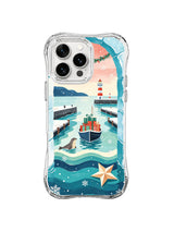 Coastal iPhone 15 Pro case with seal, turquoise waves, lighthouse and wrapped gifts