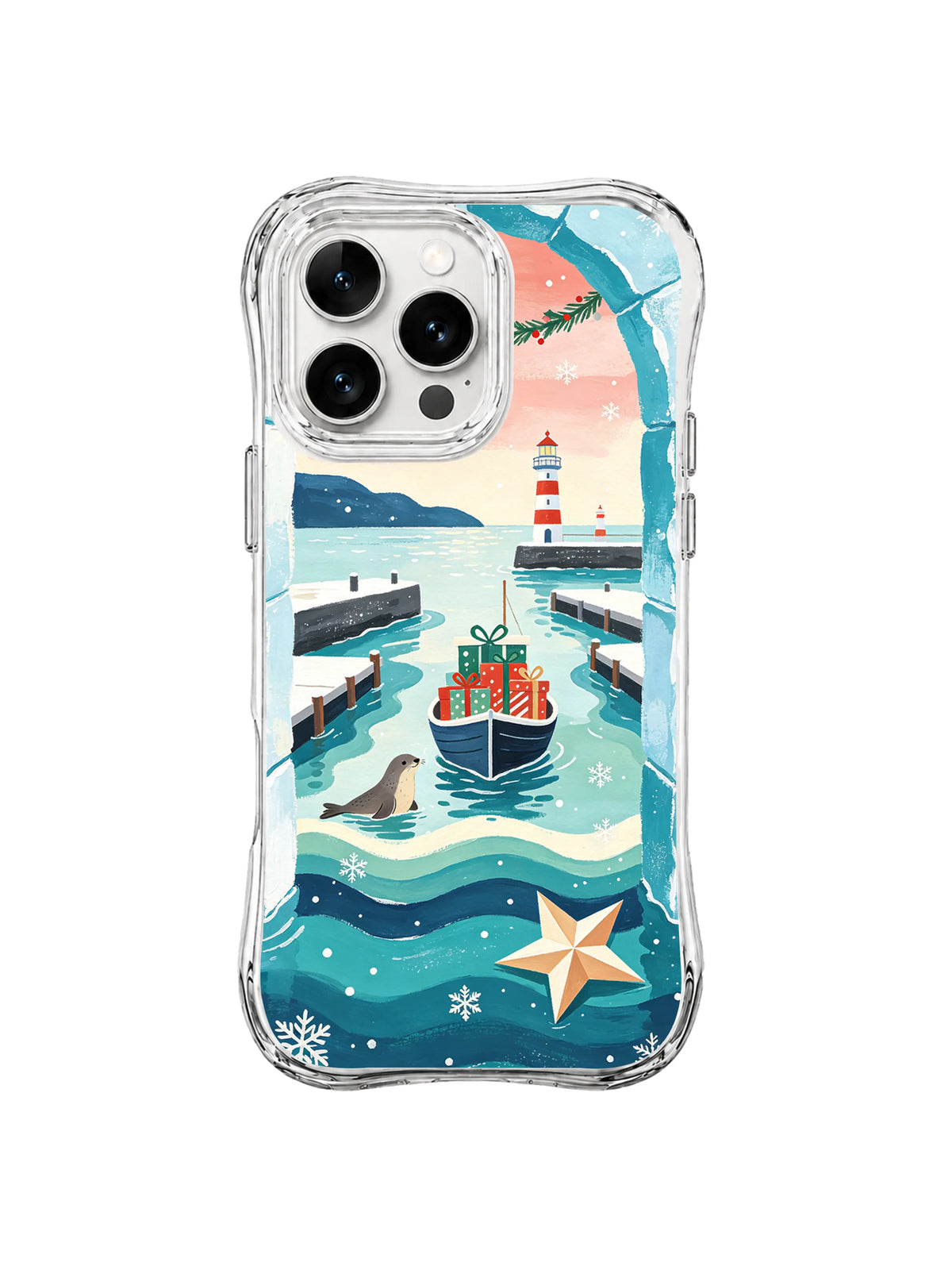 Coastal iPhone 15 Pro case with seal, turquoise waves, lighthouse and wrapped gifts