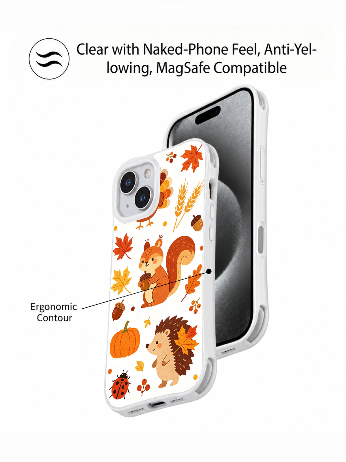 Harvest Friends Parade: Illustrated case beside the front of a phone with promotional callouts.
