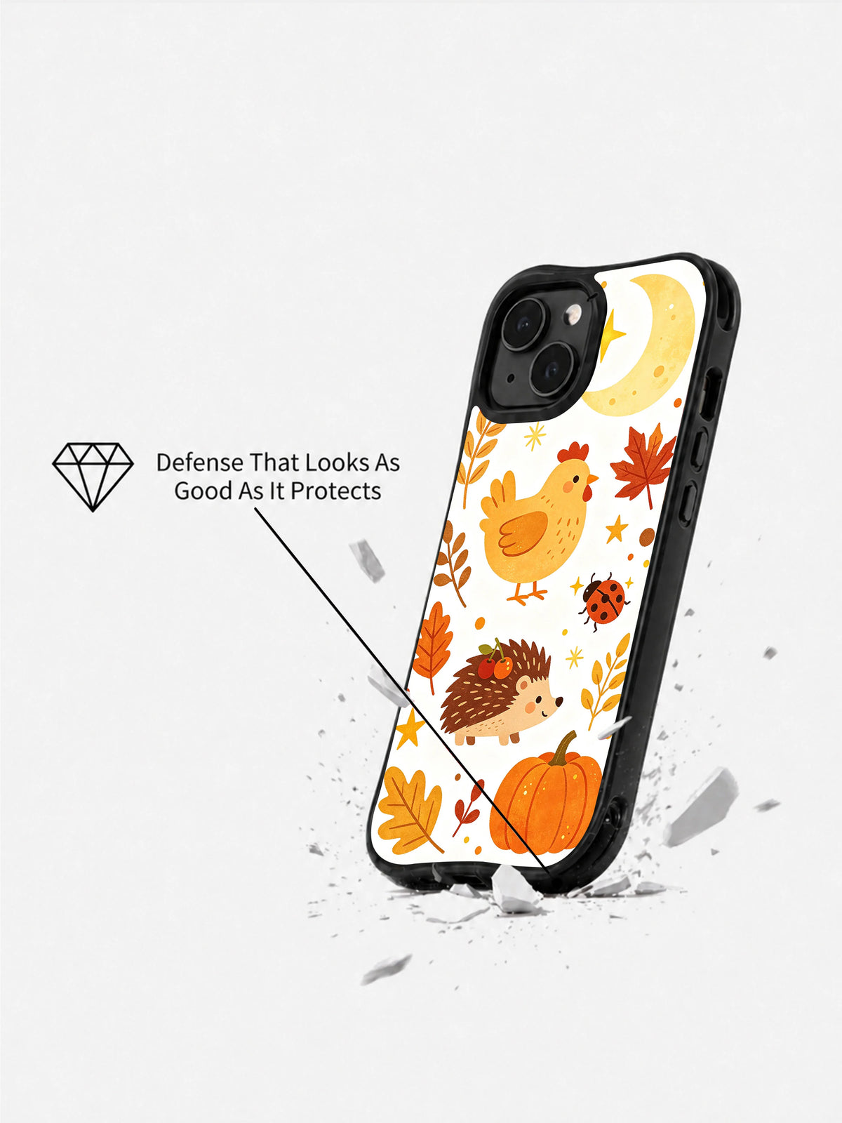 Harvest Moon Chickens: Angled illustrated case above broken fragments in a promotional illustration.