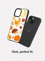 Harvest Moon Chickens: Separate illustrated case floating beside a rear phone view.