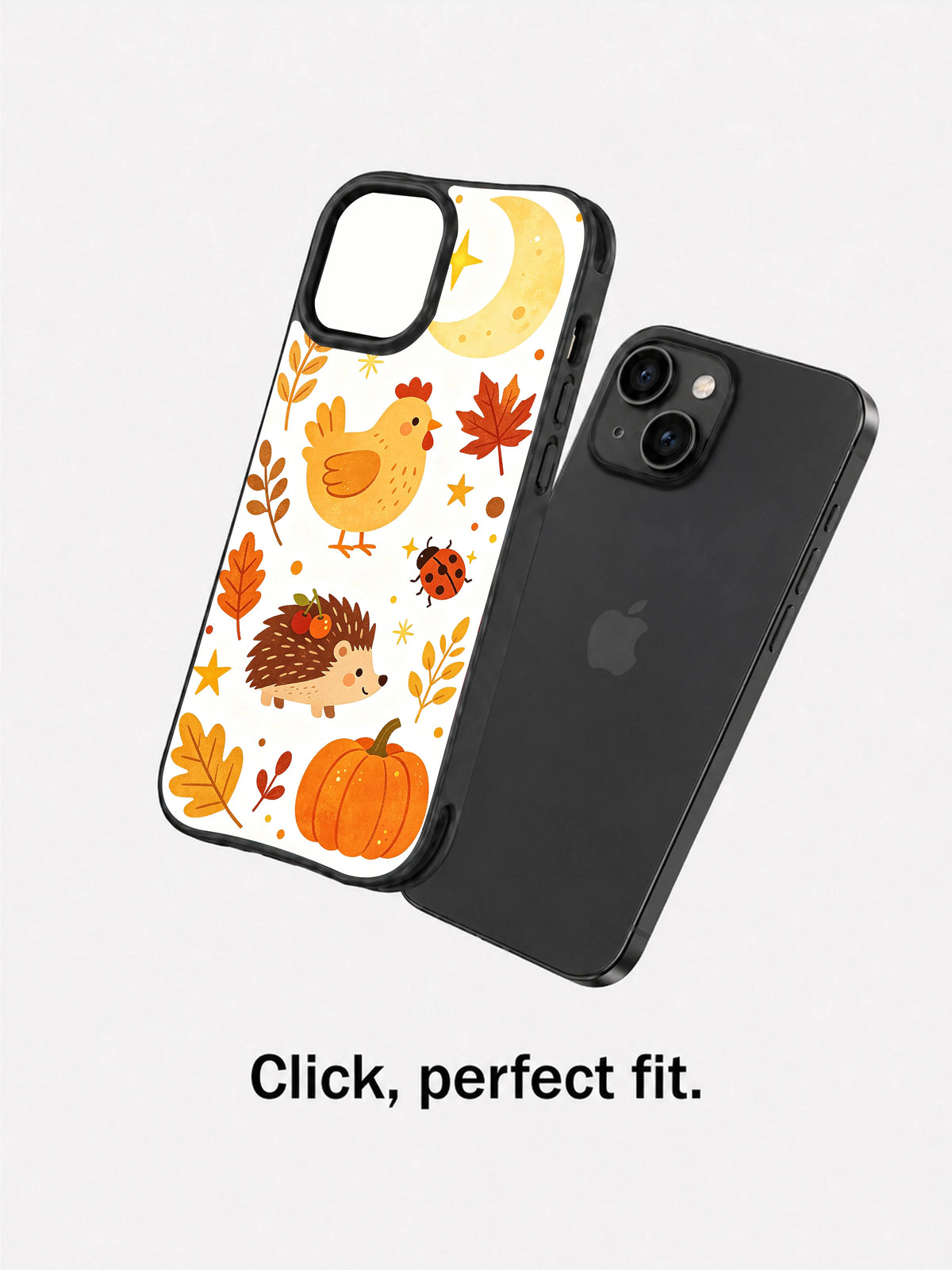 Harvest Moon Chickens: Separate illustrated case floating beside a rear phone view.