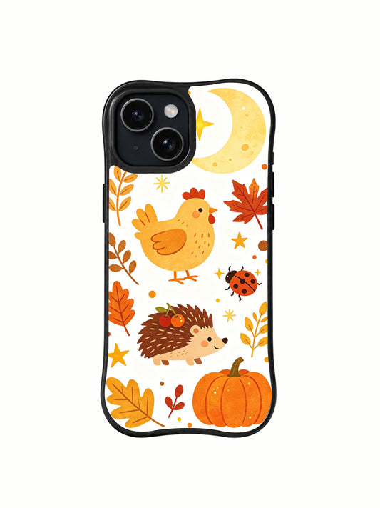 Harvest Moon Chickens: Golden hen and brown hedgehog below a large yellow crescent, with a pumpkin, ladybird and autumn leaves.
