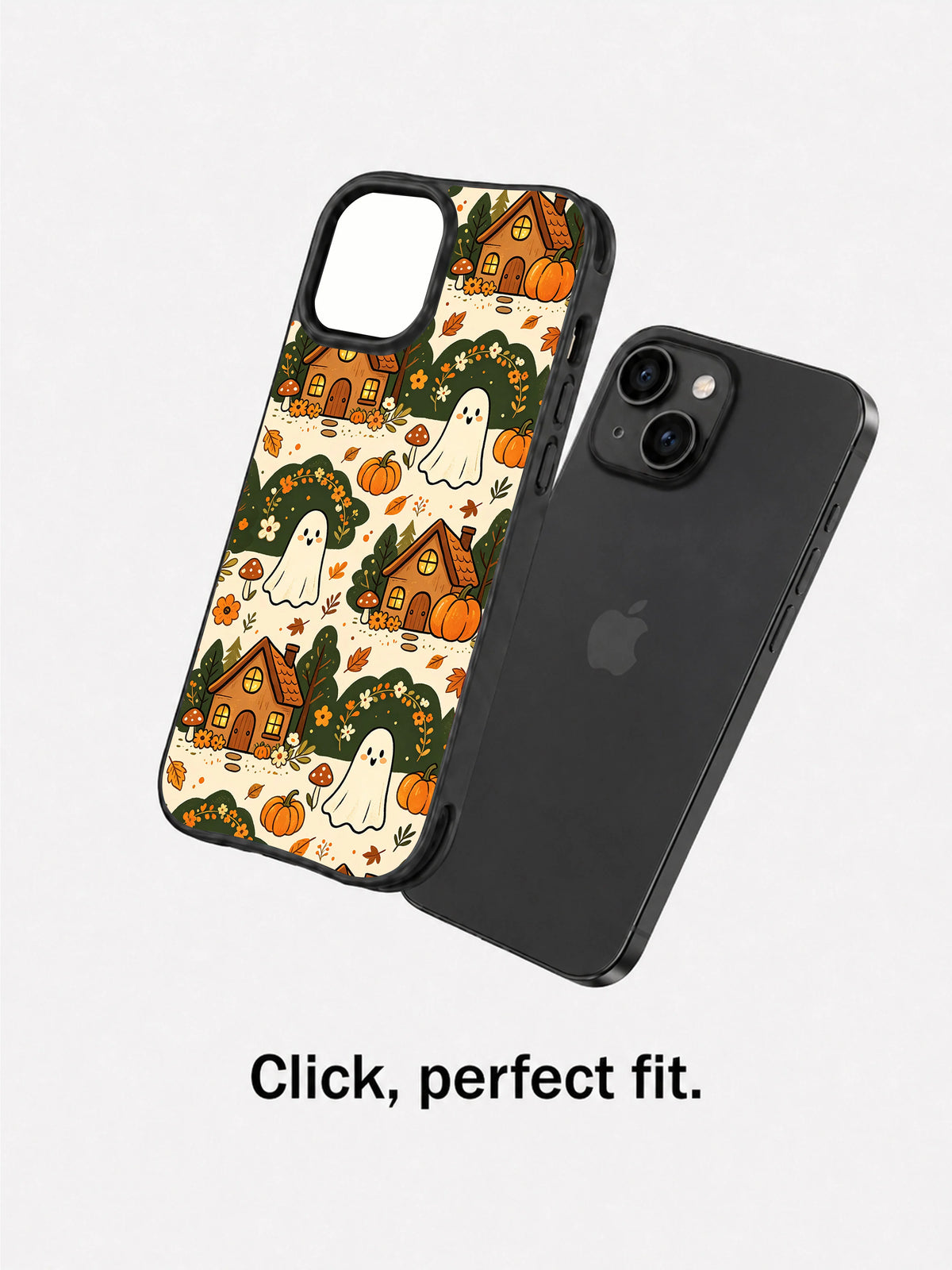 Haunted Cozy Cottage iPhone 14 case shown beside the phone for fit