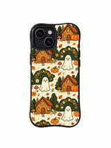 Haunted Cozy Cottage iPhone 14 case front view with friendly ghosts pumpkins and forest houses