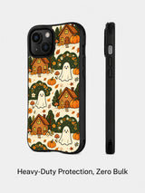 Haunted Cozy Cottage iPhone 14 case angled and side profile view
