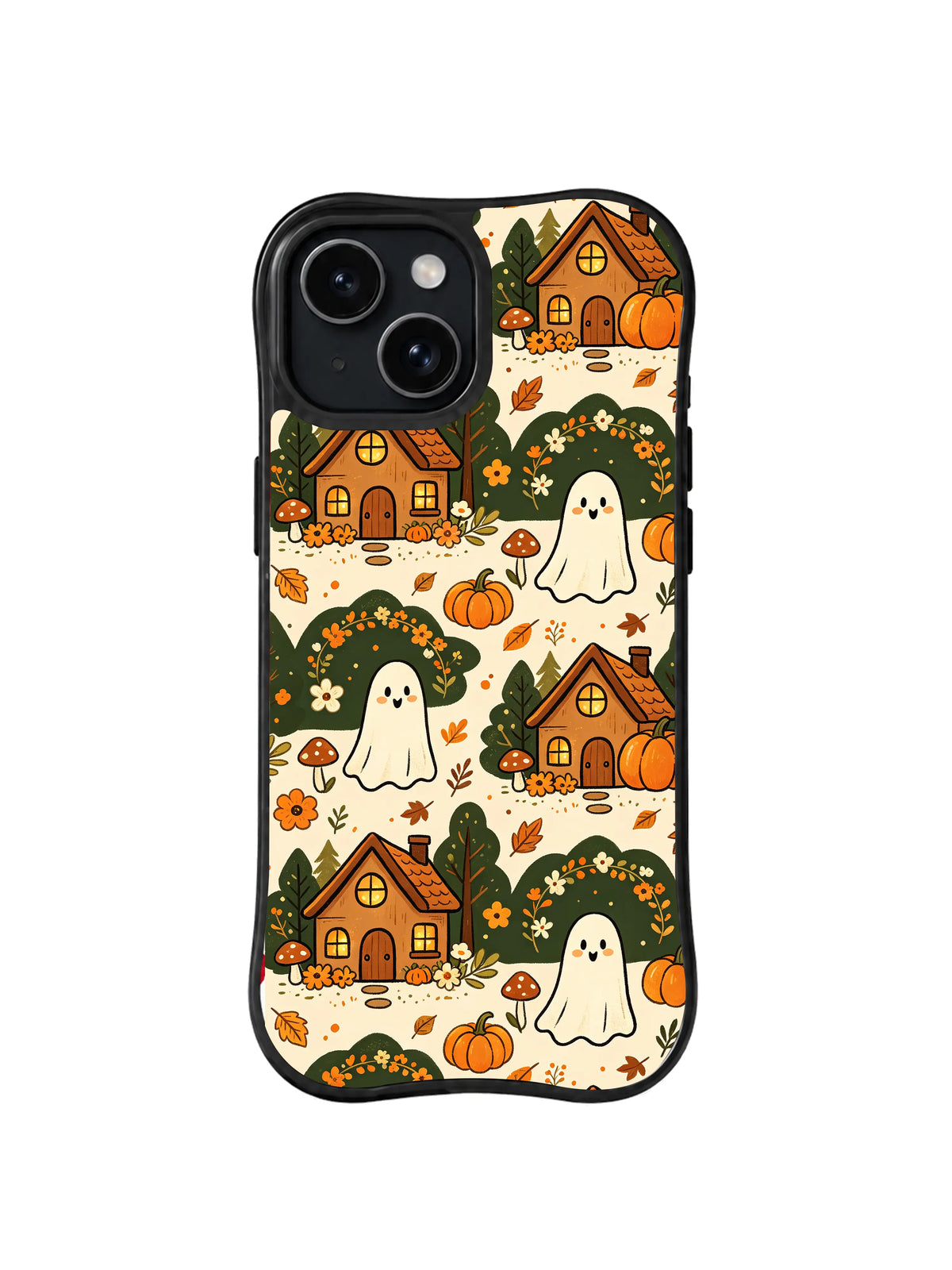 Haunted Harvest Cottages pattern on a black iPhone 14 case