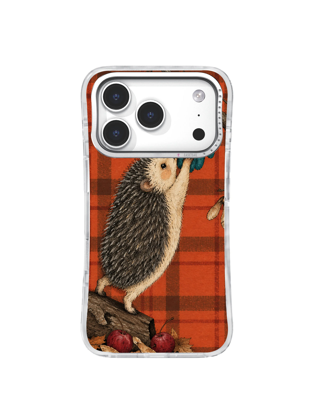 Hedgehog reaching toward a glove on rust plaid iPhone 17 Pro case pattern four