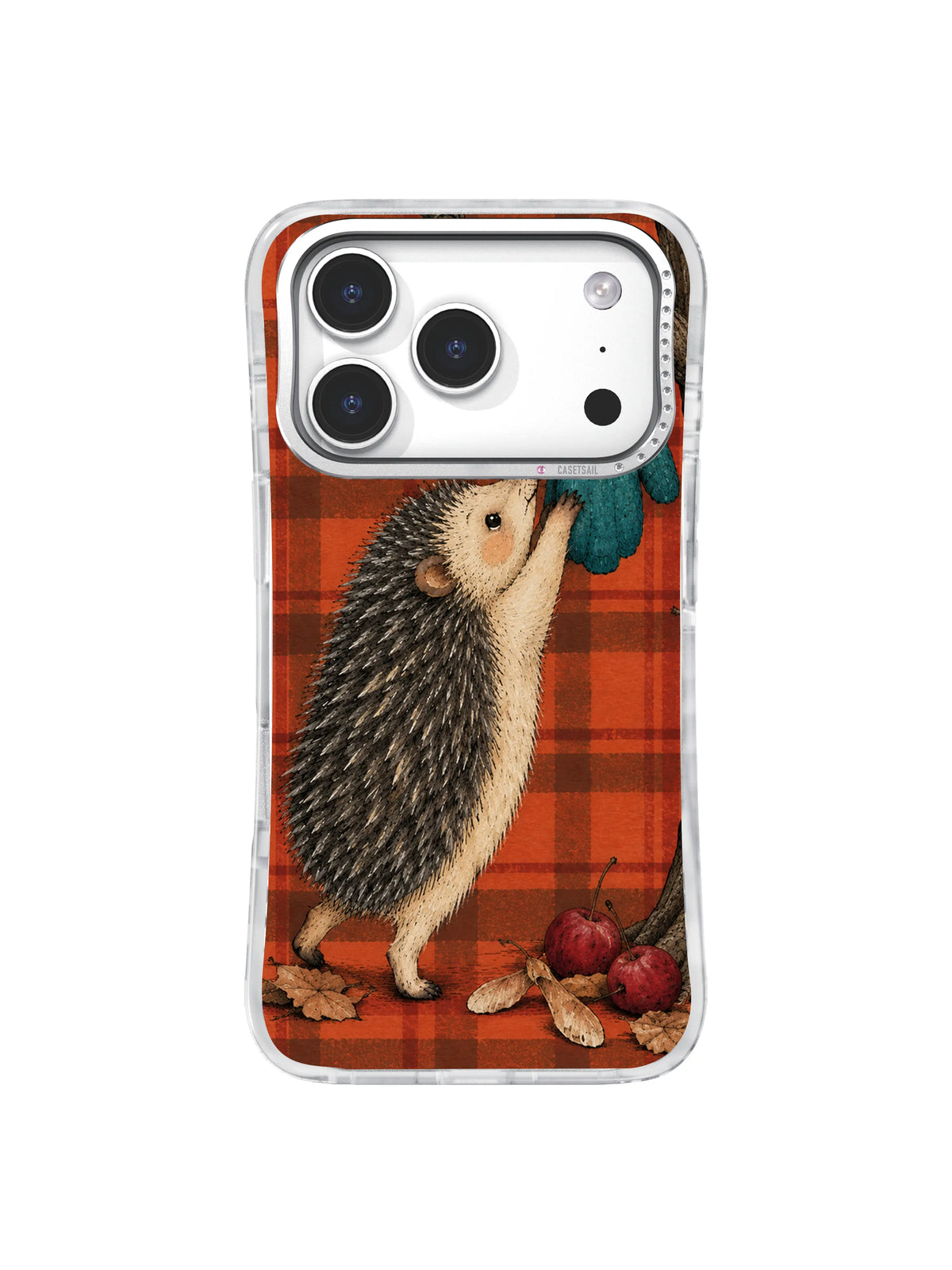 Hedgehog beside apples and seed pods iPhone 17 Pro case pattern five