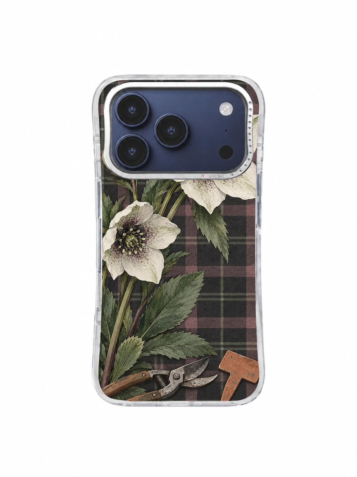 Chalk-white hellebore blooms on charcoal plaid iPhone 17 Pro case pattern one