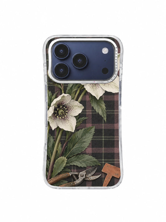 Chalk-white hellebore blooms on charcoal plaid iPhone 17 Pro case pattern one