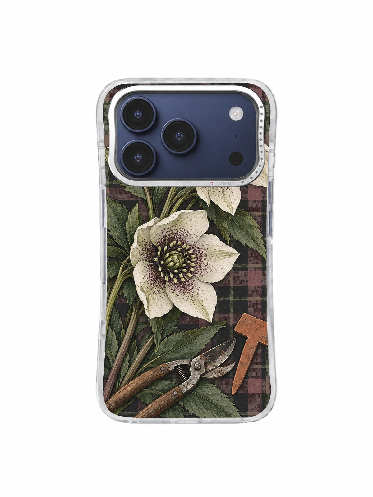 Pale hellebore petals and garden tools iPhone 17 Pro case pattern four