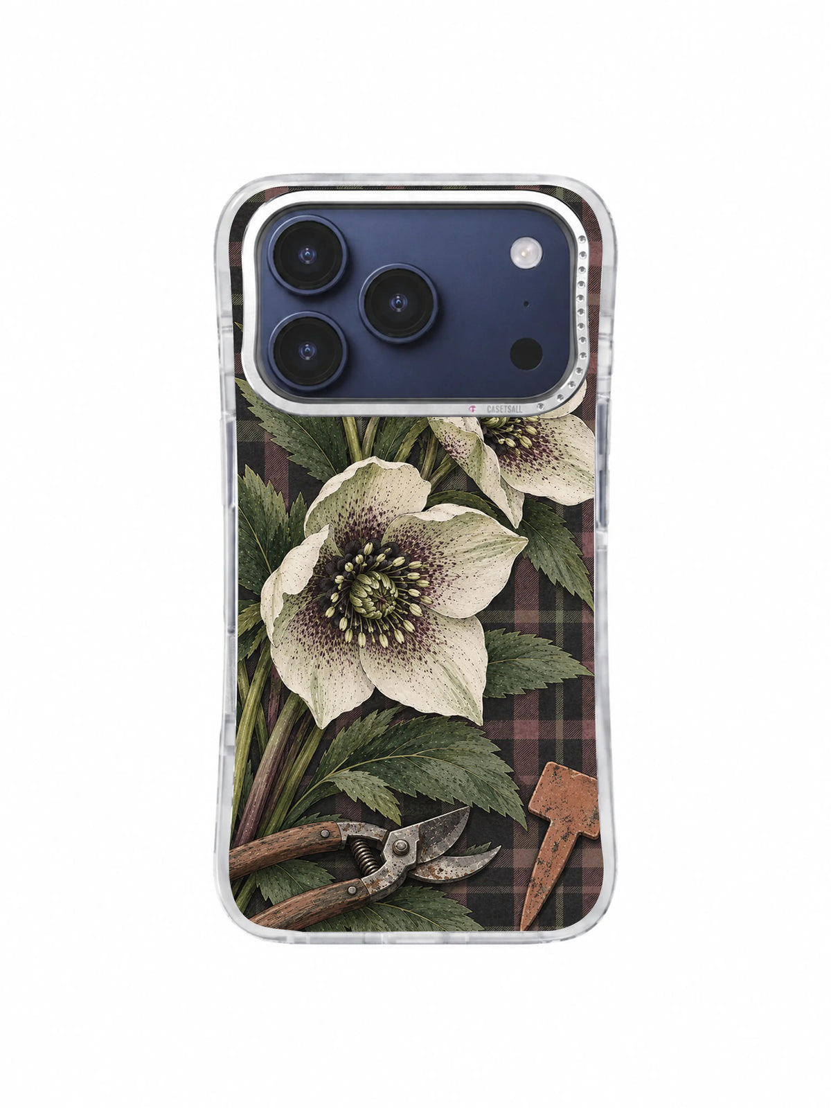 Botanical hellebore bloom on mauve charcoal checks iPhone 17 Pro case pattern five