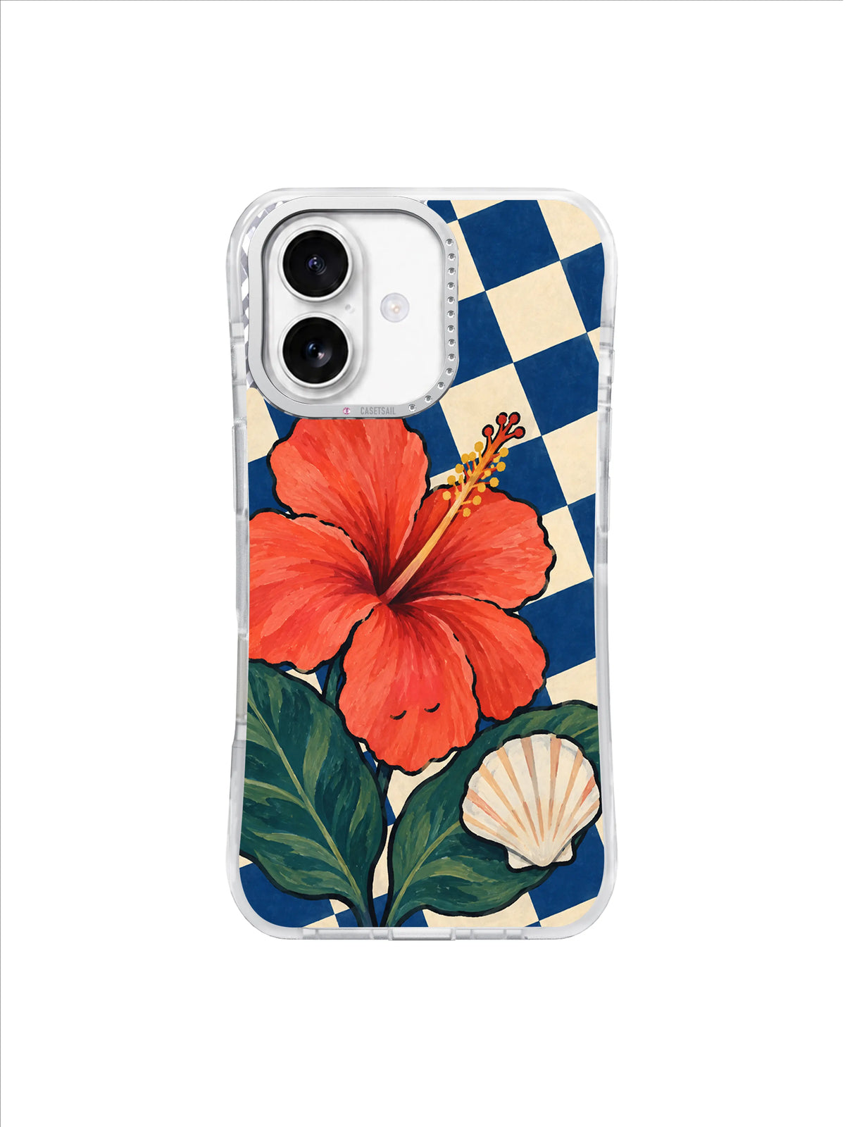 Coral Hibiscus Tide red-orange bloom, green leaves and cream shell on blue checkerboard iPhone 17 case