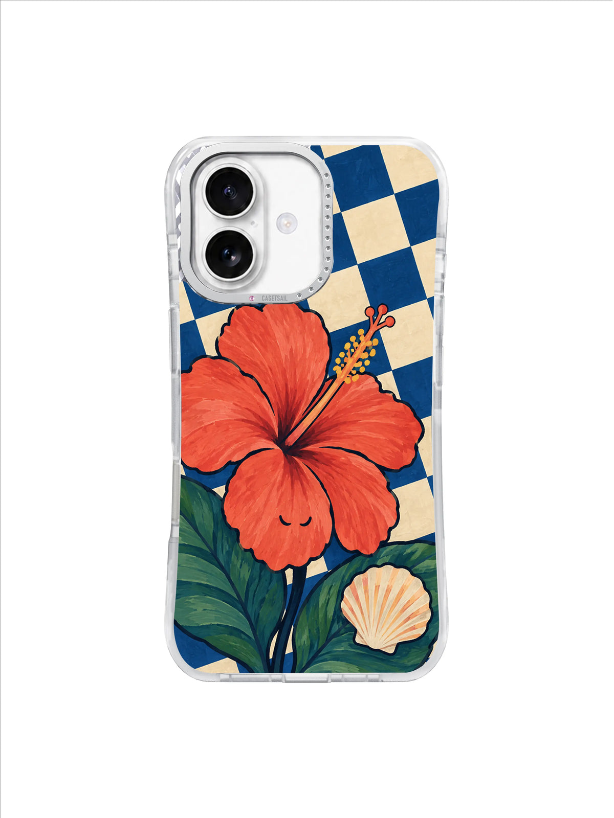 Low Tide Scallop beside coral hibiscus and deep-green coastal leaves iPhone 17 case