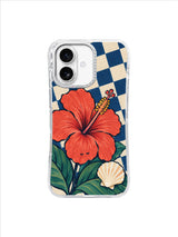 Ocean Check Flower coral hibiscus and shell over rotated blue checkerboard iPhone 17 case